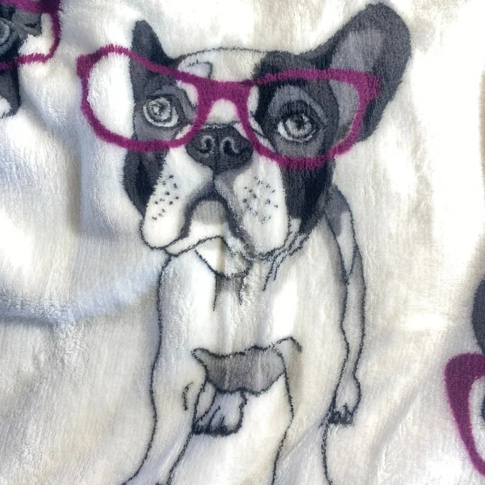 Real Living Throw Blanket Boxer French Bulldog Pink Glasses White Plush 50x60